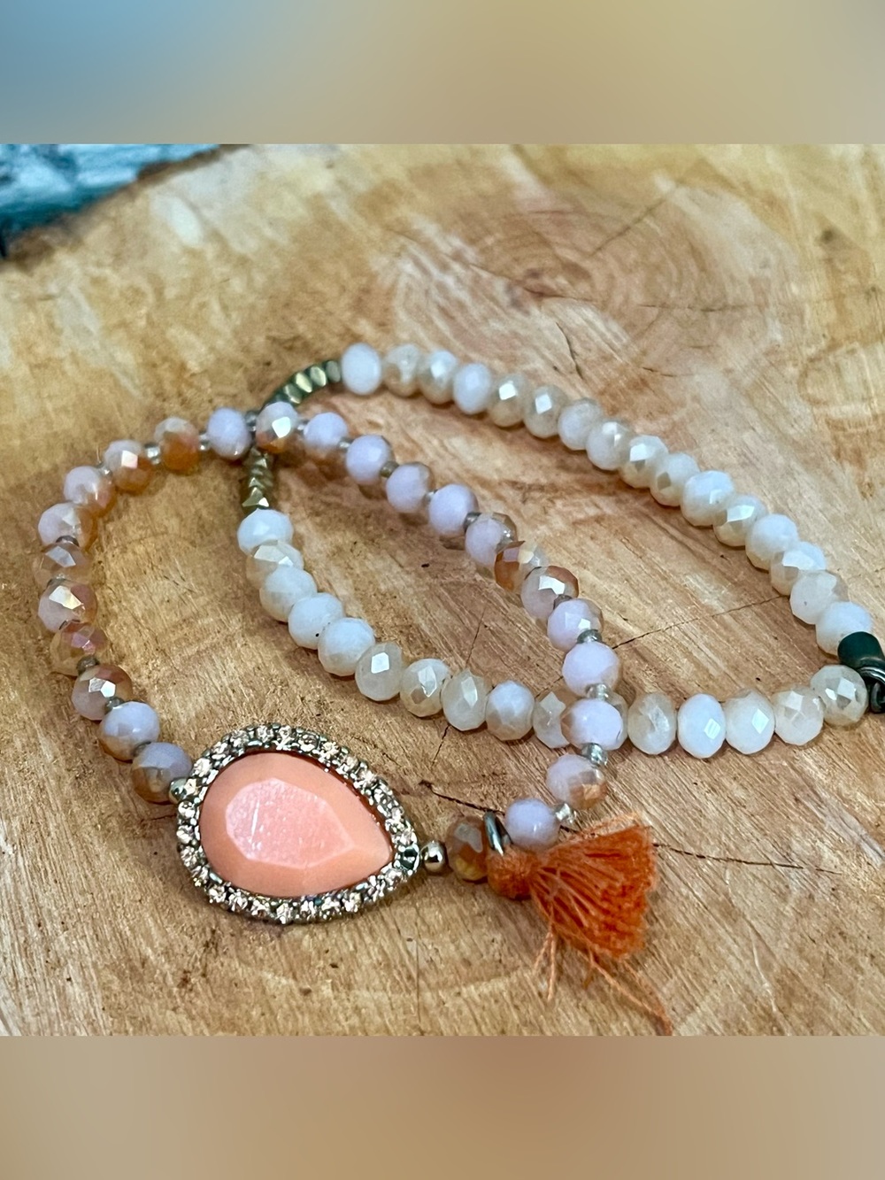 Boho Beaded Stretch Bracelet Set Peach Teardrop Charm Tassel Rhinestone Stacking